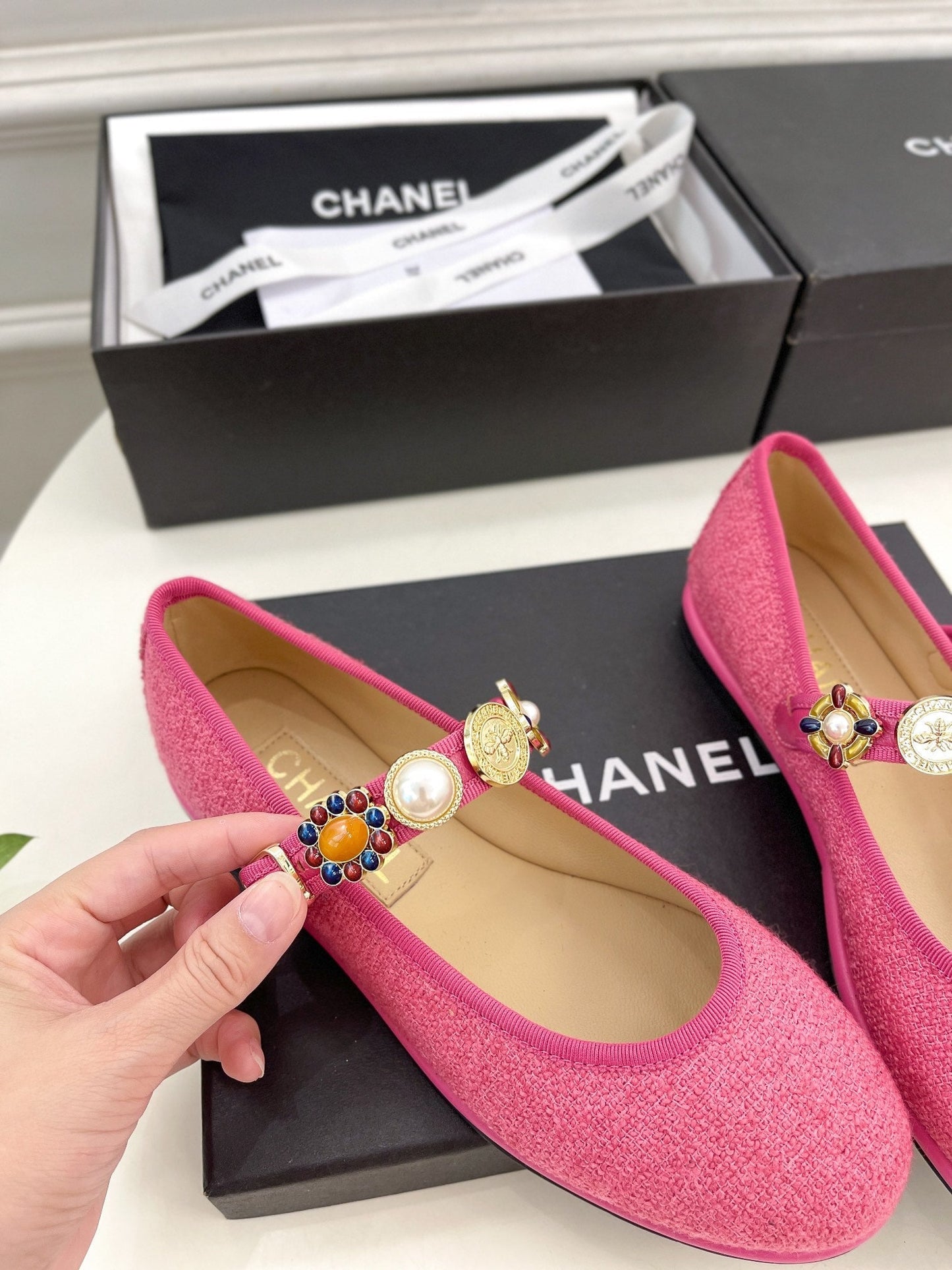 CHANEL Ballet Flats 10mm Dark Pink Wool Tweed And Fabric 948828
