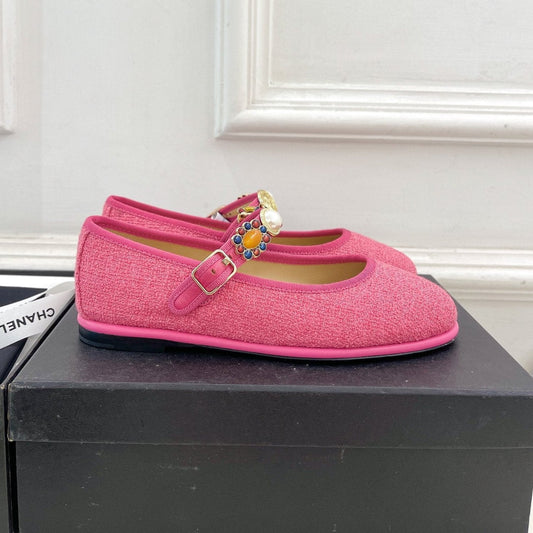 CHANEL Ballet Flats 10mm Dark Pink Wool Tweed And Fabric 948828