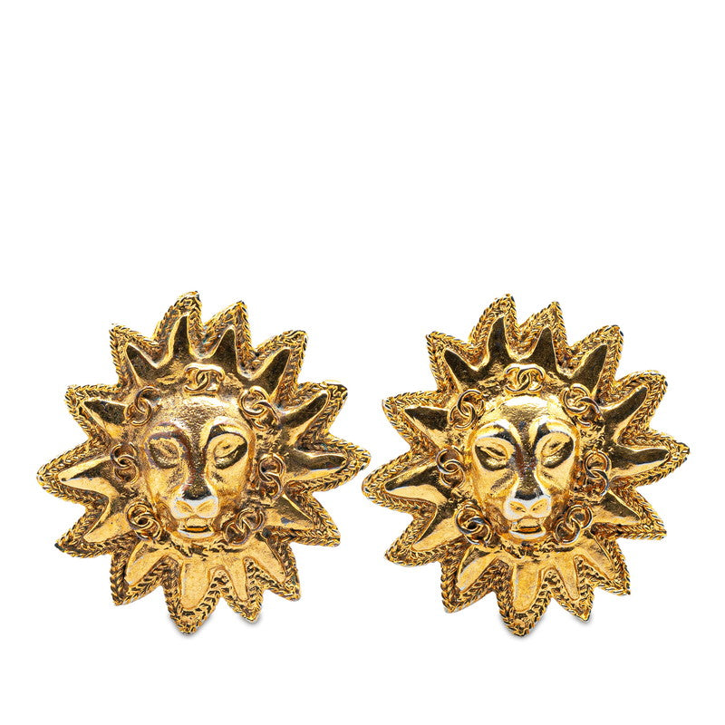 Chanel Lion Motif Earrings Gold Plated