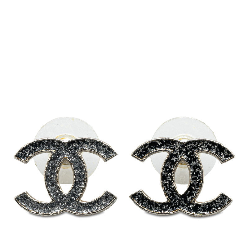 Chanel Coco Mark Metal Earrings Silver Black