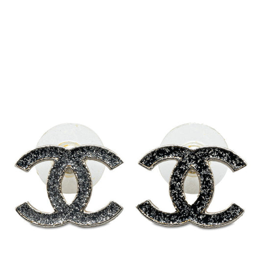 Chanel Coco Mark Metal Earrings Silver Black