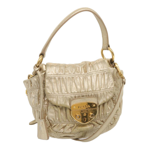 PRADA Gathered Shoulder Bag Leather 2way Gold Tone  ki3791