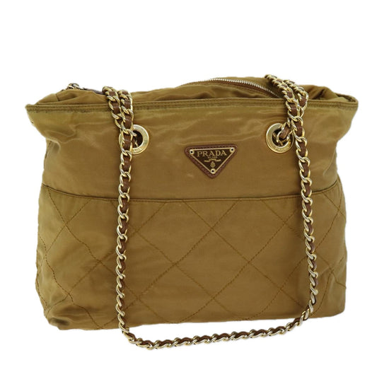 PRADA Quilted Chain Shoulder Bag Nylon Beige  ki4426