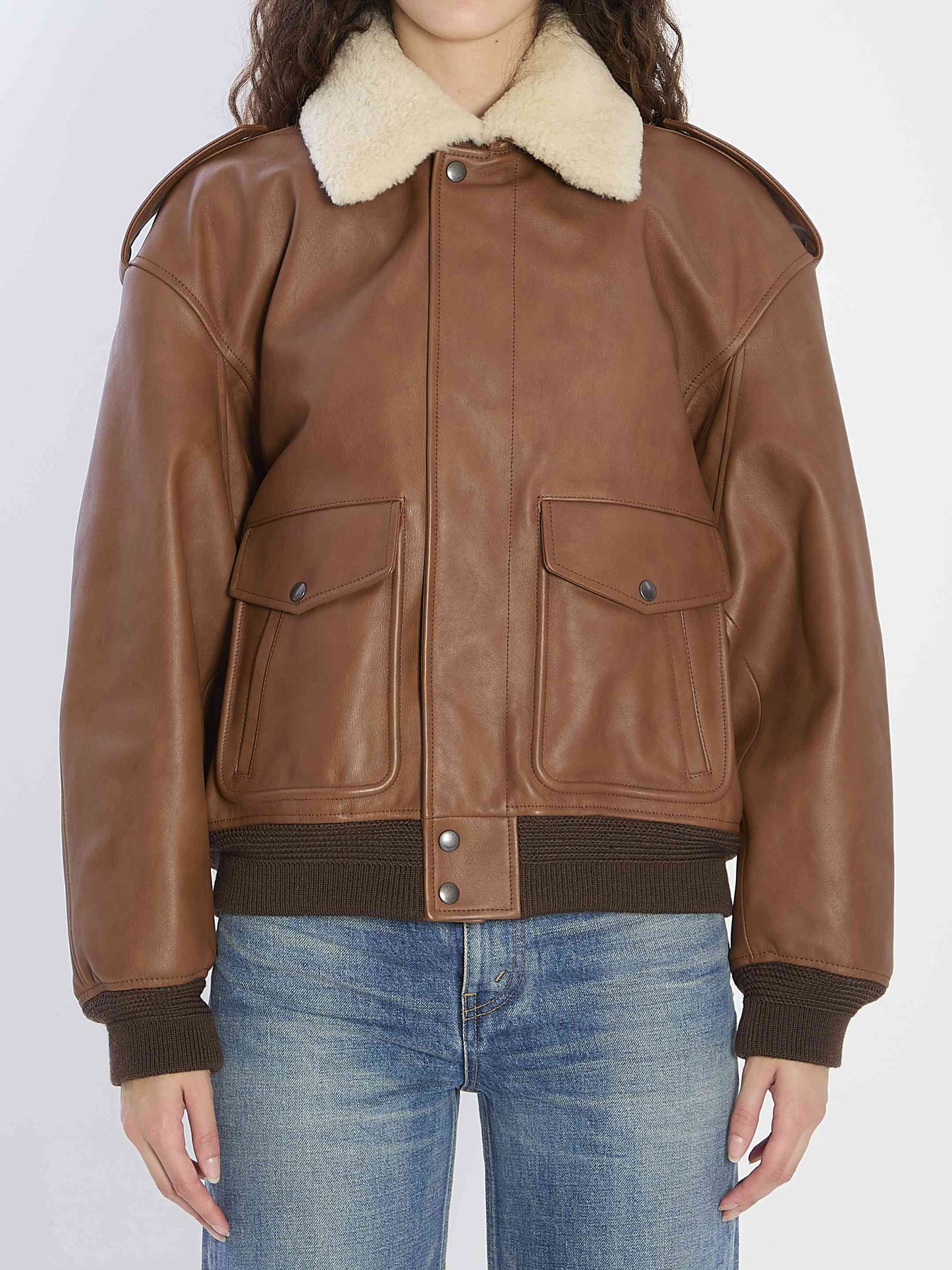 Saint Laurent Women Bomber Jacket In Hammered Leather And Shearling