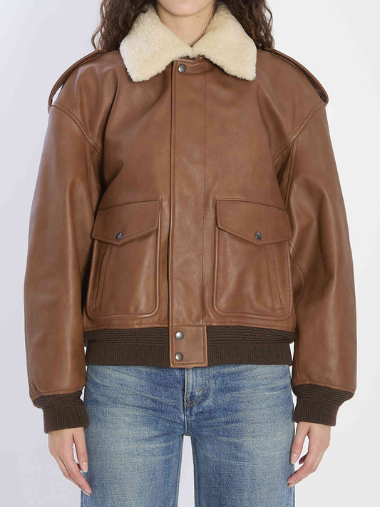 Saint Laurent Women Bomber Jacket In Hammered Leather And Shearling