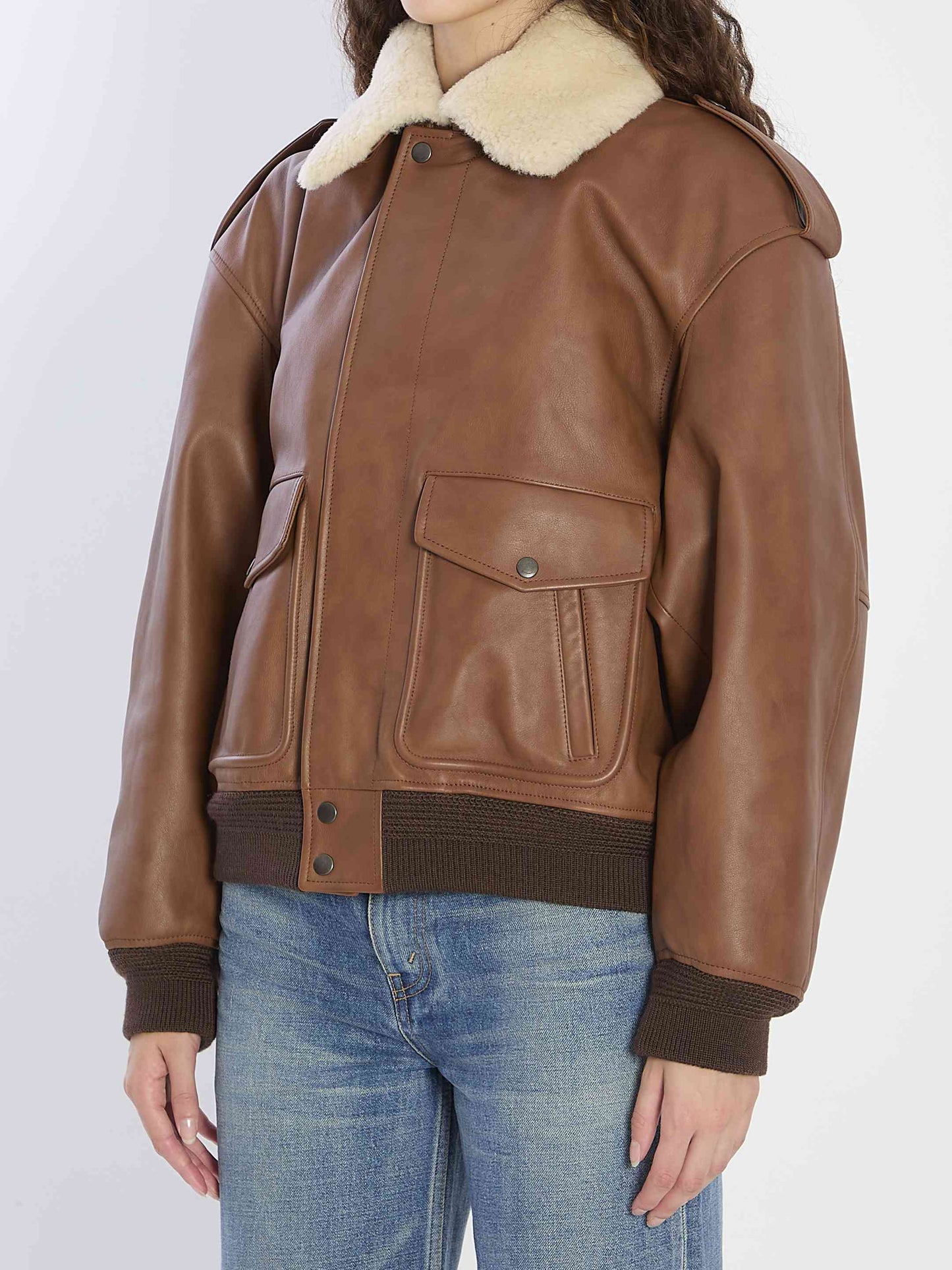 Saint Laurent Women Bomber Jacket In Hammered Leather And Shearling