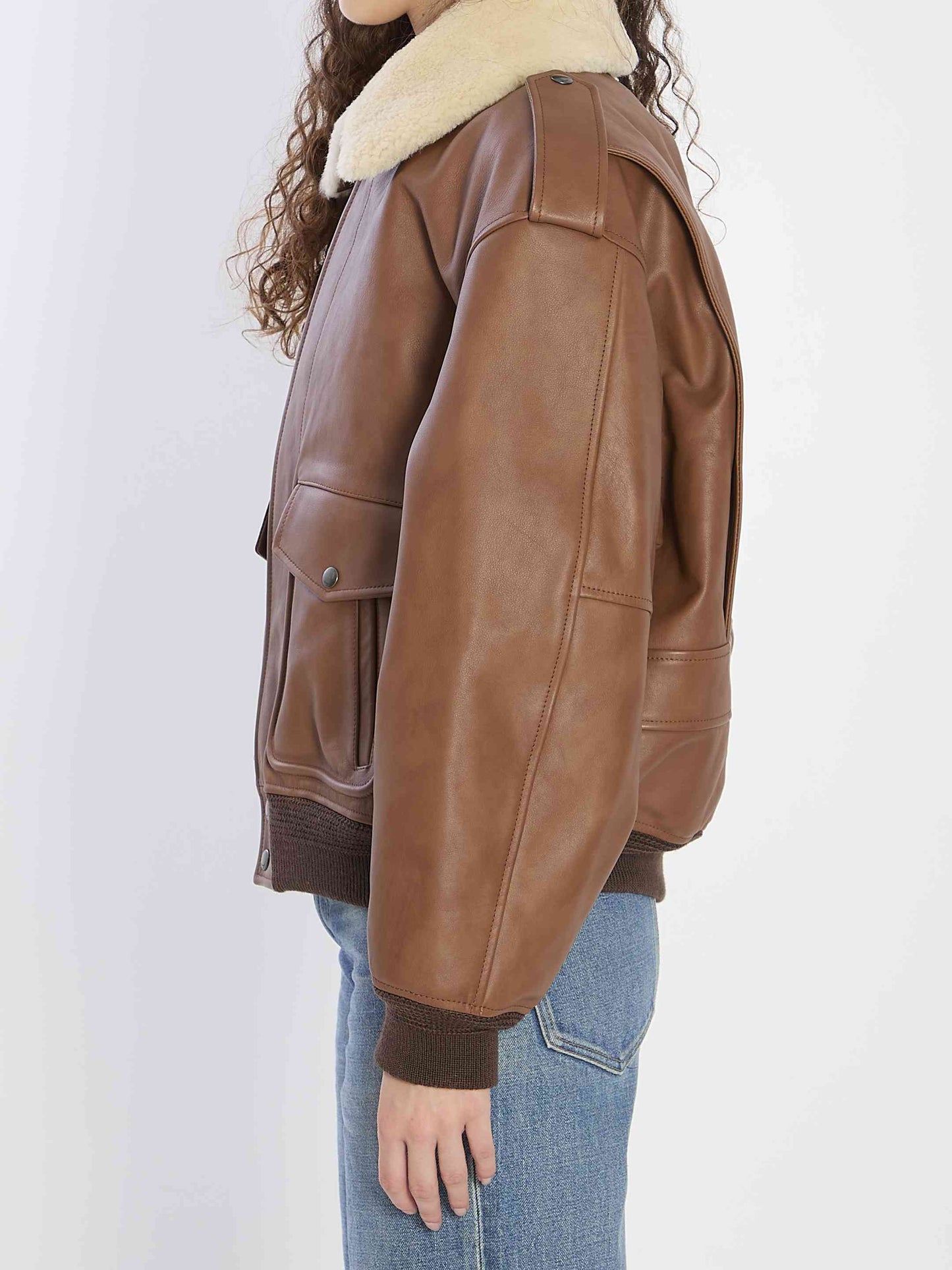 Saint Laurent Women Bomber Jacket In Hammered Leather And Shearling