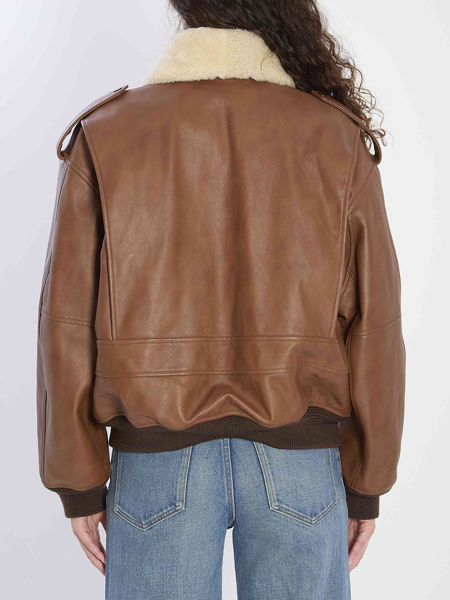 Saint Laurent Women Bomber Jacket In Hammered Leather And Shearling