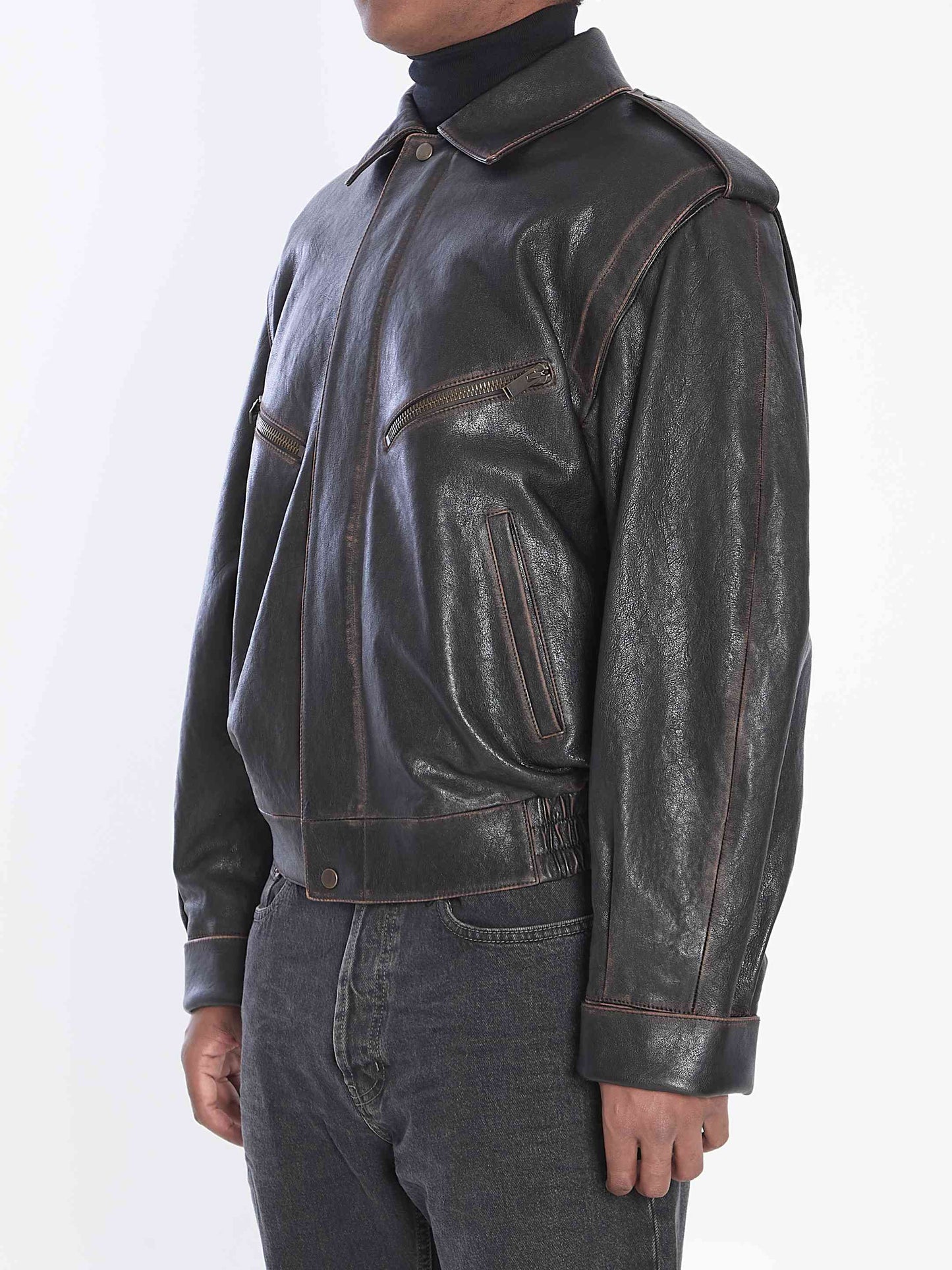 Saint Laurent Men Lambskin Leather Bomber Jacket