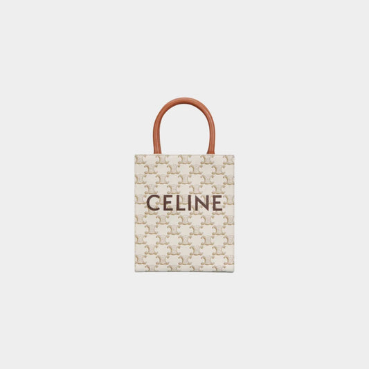 Mini Vertical Cabas In Triomphe Canvas And Calfskin With Celine Print, White, Front View