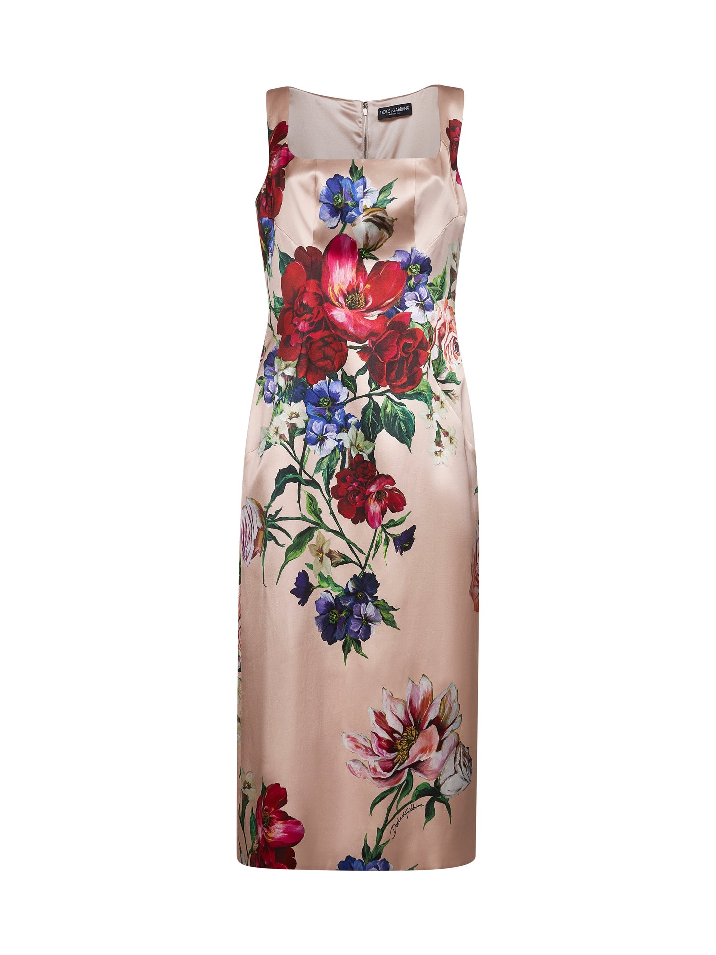 Dolce & Gabbana Women Pink Floral Print Stretch Satin Sheath Dress