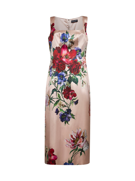 Dolce & Gabbana Women Pink Floral Print Stretch Satin Sheath Dress