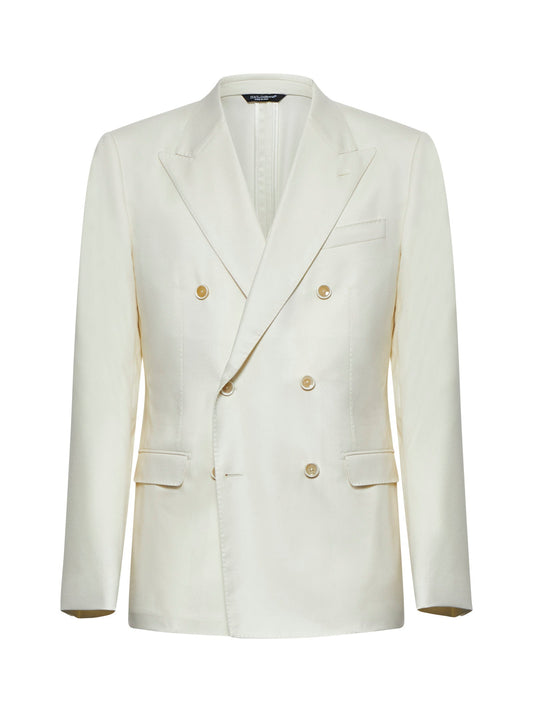 Dolce & Gabbana Men Ivory Flannel Double-Breasted Blazer
