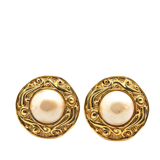 Chanel Gold Plated Round Faux Pearl Earrings