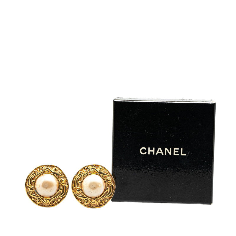Chanel Gold Plated Round Faux Pearl Earrings