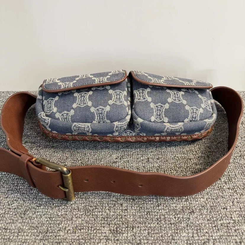 Celine Triomphe Blue Canvas Belted Waist Bag Medium