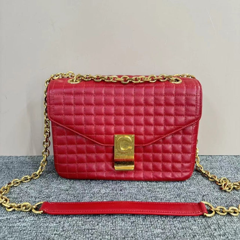 Celine Classic Red Quilted Leather Chain Shoulder Bag Medium