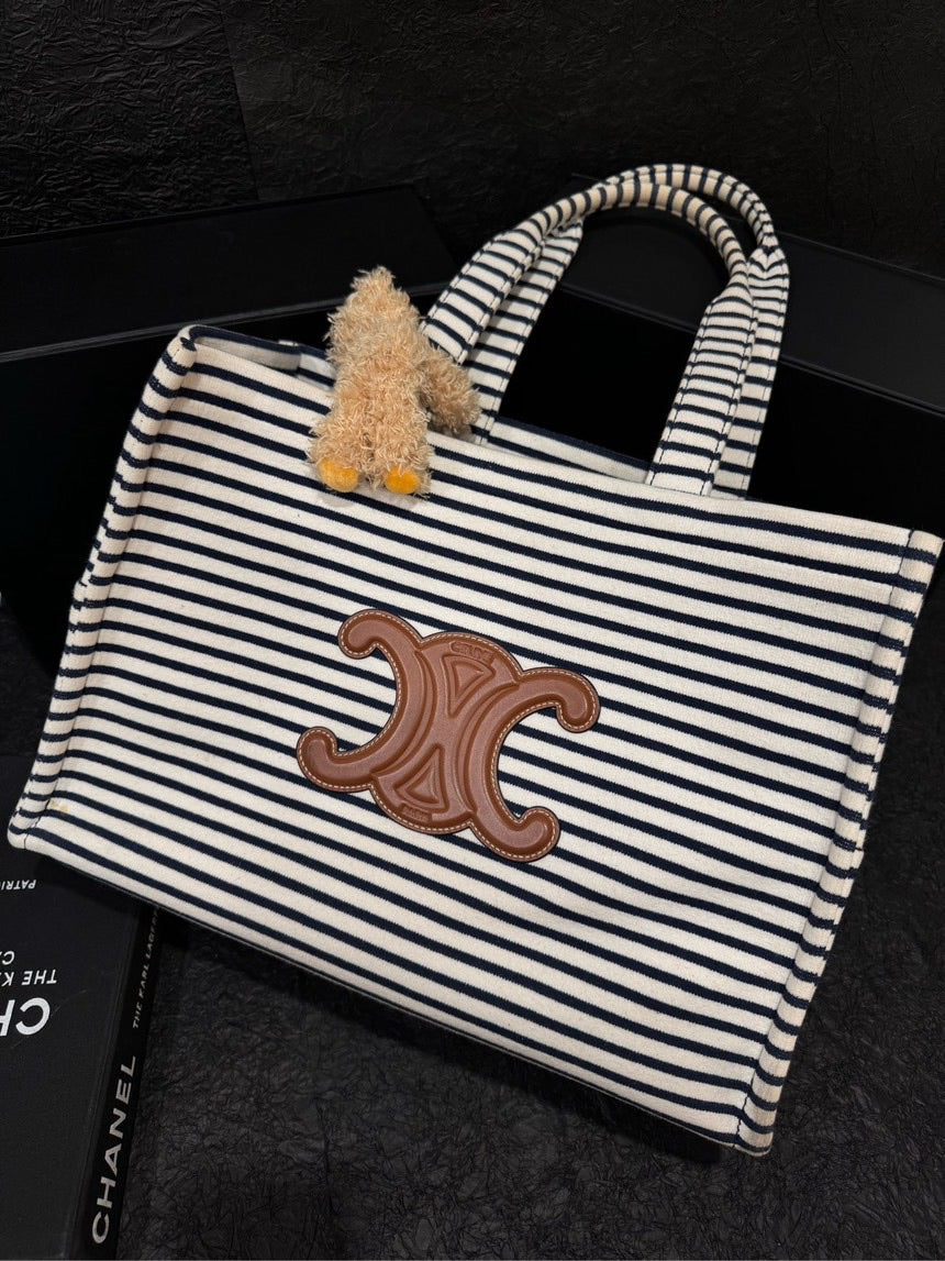 celine cabas vertical stripe black leather tote