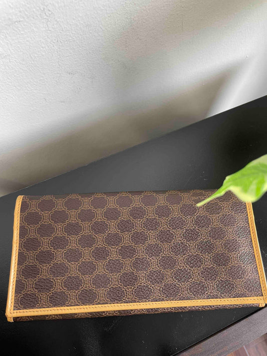 Celine Vintage Macadam Triomphe Brown Canvas Long Wallet