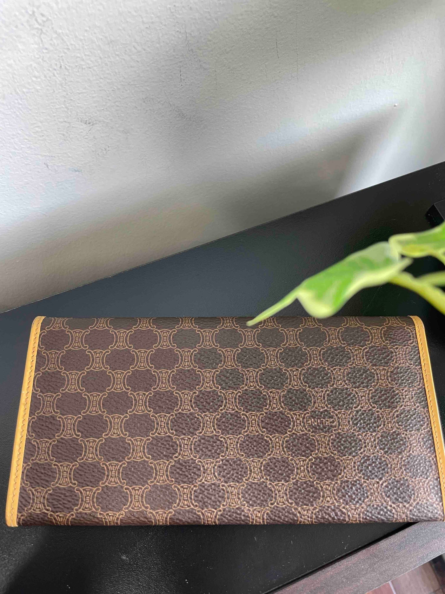 Celine Vintage Macadam Triomphe Brown Canvas Long Wallet