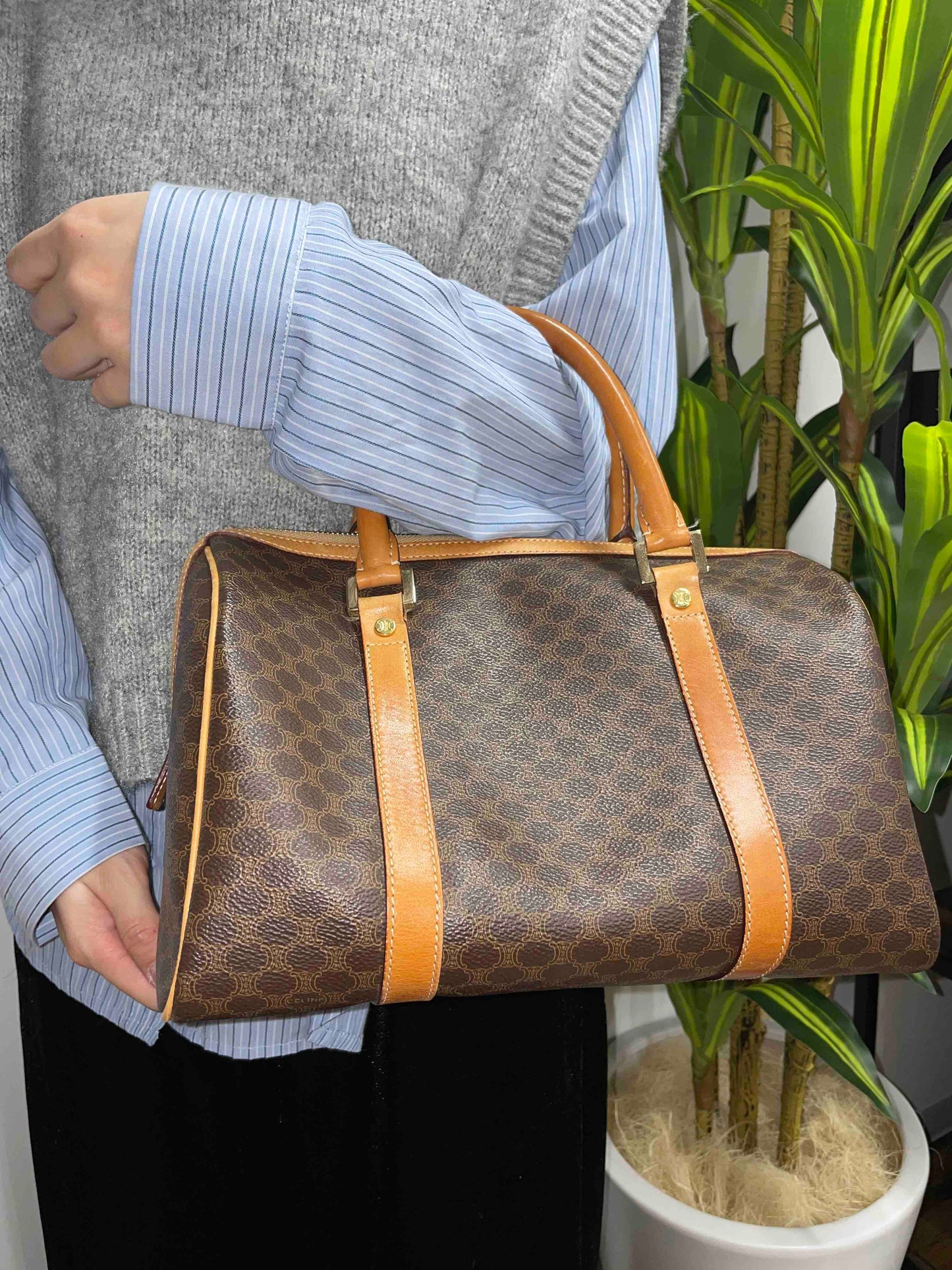 Celine Monogram Boston Bag in Brown Canvas