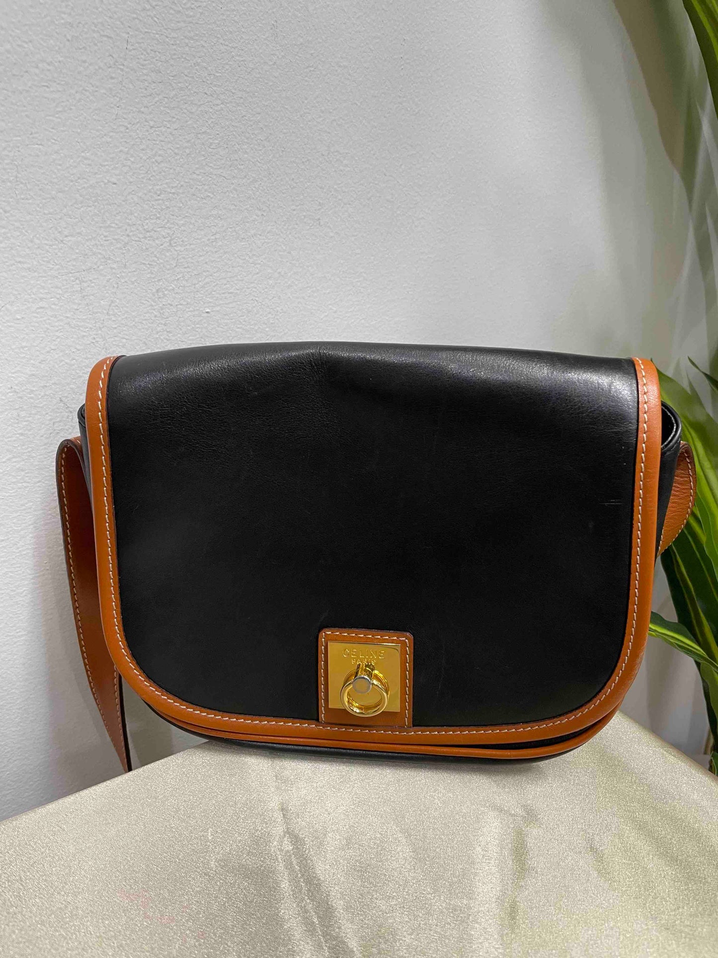 CELINE Classic Black and Tan Leather Crossbody Bag