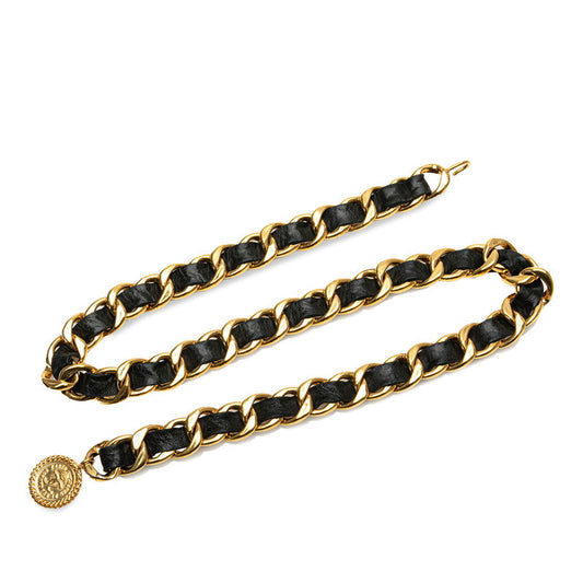 Chanel Coco Mark Chain Belt Gold Black Leather