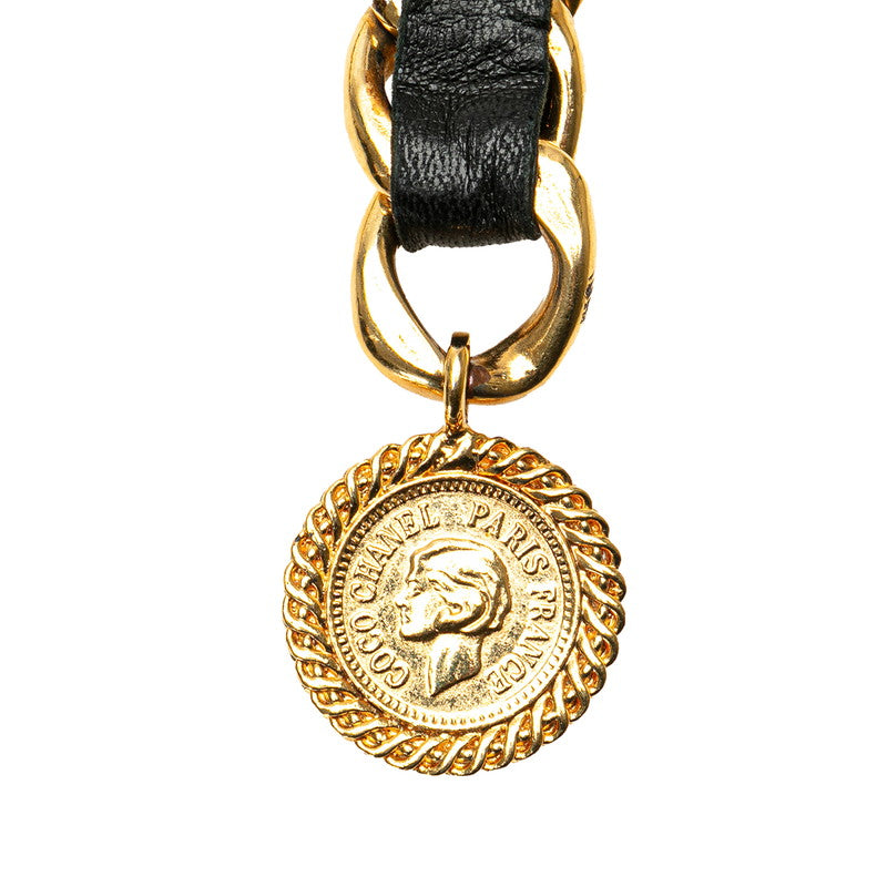 Chanel Coco Mark Chain Belt Gold Black Leather