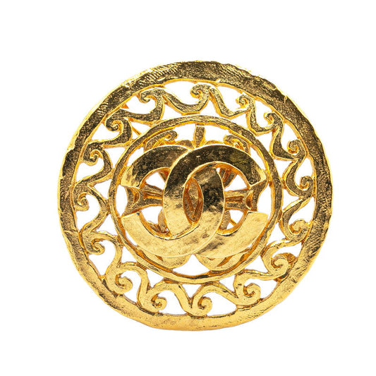 Chanel Vintage Coco Mark Round Brooch Gold