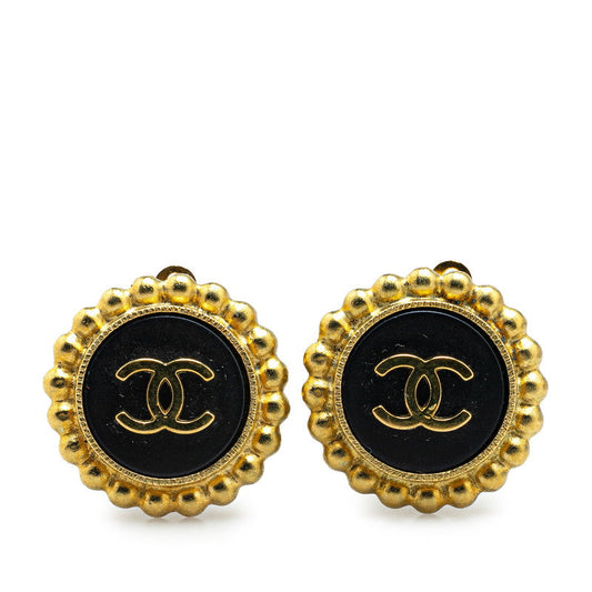 Chanel Vintage Coco Mark Round Earrings Gold Black
