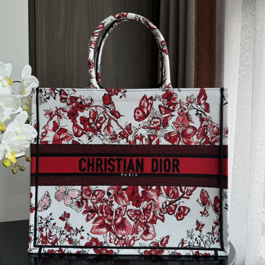 DIOR Large Book Tote 42cm White and Red Heart Butterfly Embroidery