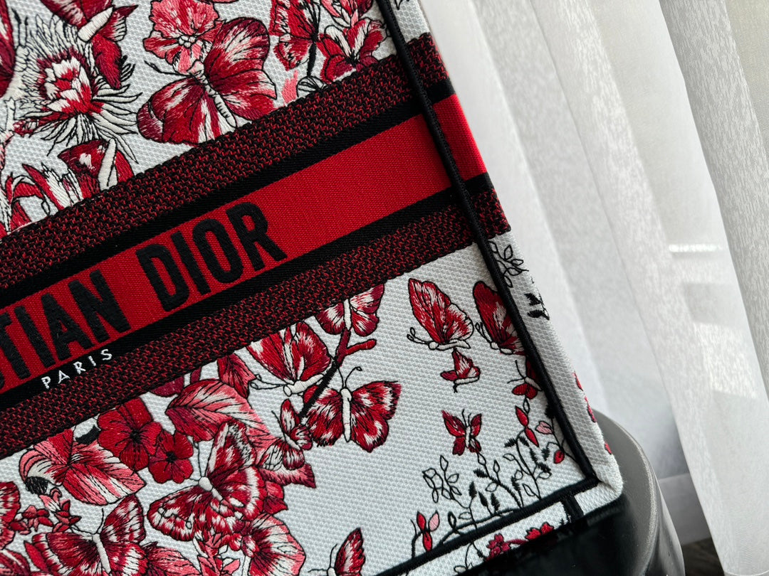DIOR Large Book Tote 42cm White and Red Heart Butterfly Embroidery
