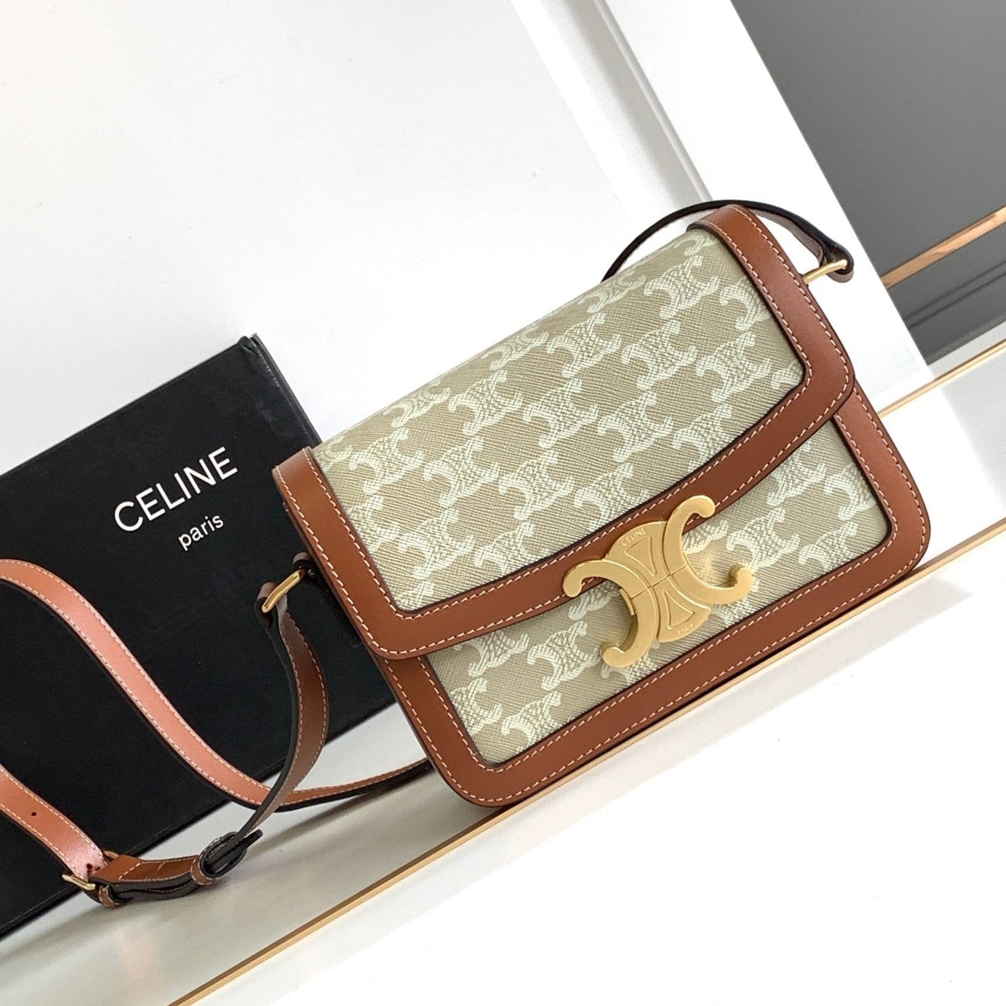 Celine TEEN TRIOMPHE 18.5CM BEIGE MONOGRAM CANVAS AND TAN CALFSKIN