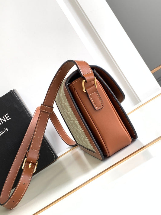 Celine TEEN TRIOMPHE 18.5CM BEIGE MONOGRAM CANVAS AND TAN CALFSKIN