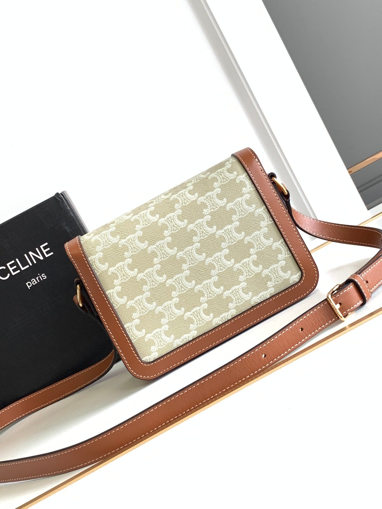 Celine TEEN TRIOMPHE 18.5CM BEIGE MONOGRAM CANVAS AND TAN CALFSKIN