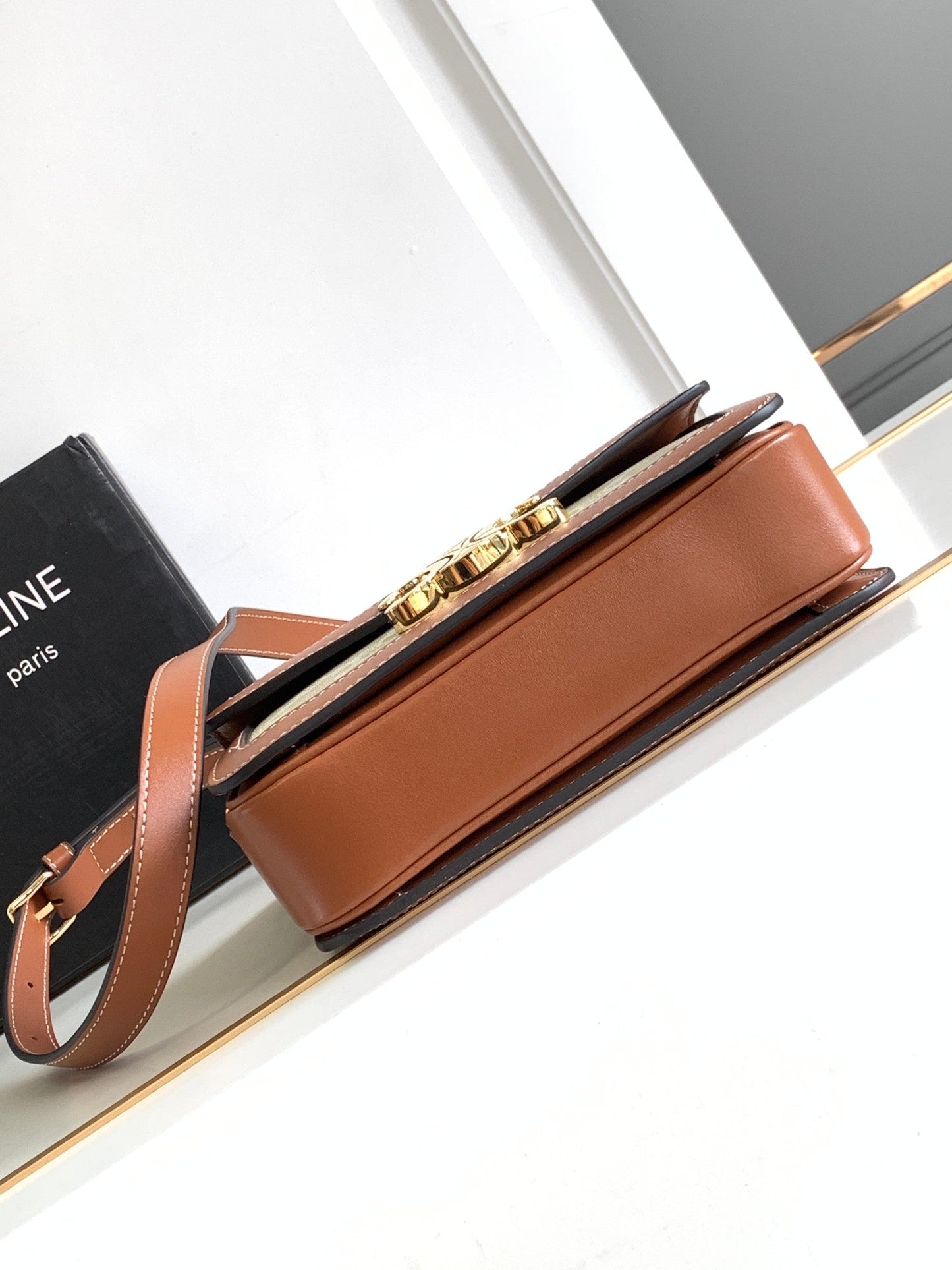Celine TEEN TRIOMPHE 18.5CM BEIGE MONOGRAM CANVAS AND TAN CALFSKIN