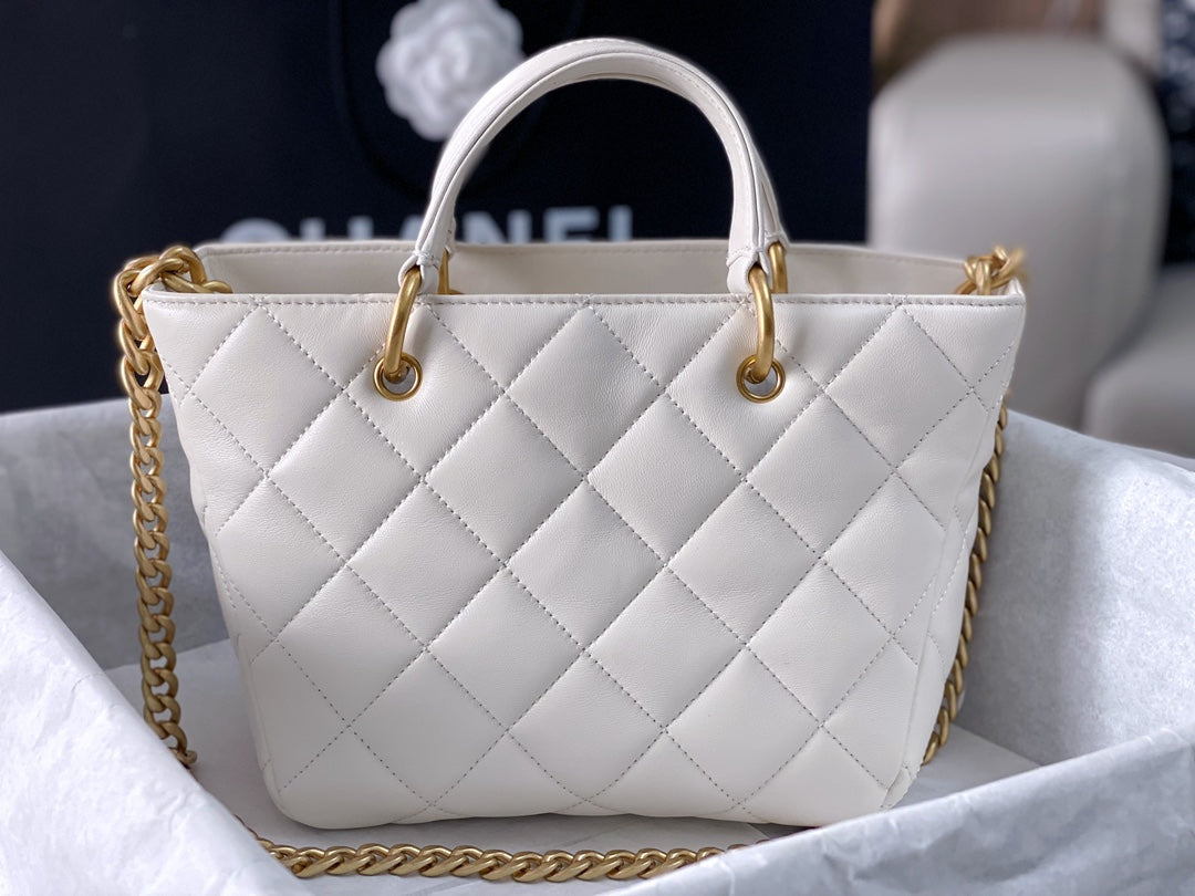 CHANEL 2Way Chain Shoulder Tote Bag White Leather