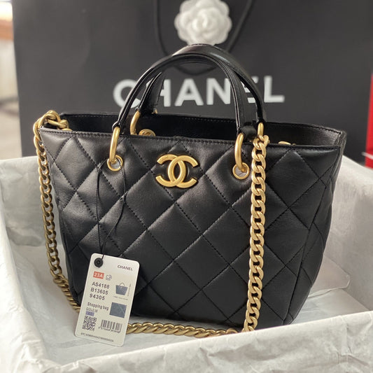 CHANEL 2Way Chain Shoulder Tote Bag Black Leather