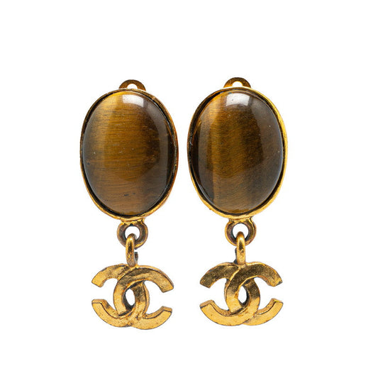 Chanel Vintage Tiger Eye Earrings Gold Brown