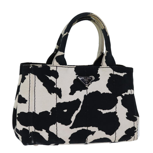 PRADA Cow Pattern Canapa PM Hand Bag Canvas 2way White Black  yk12633