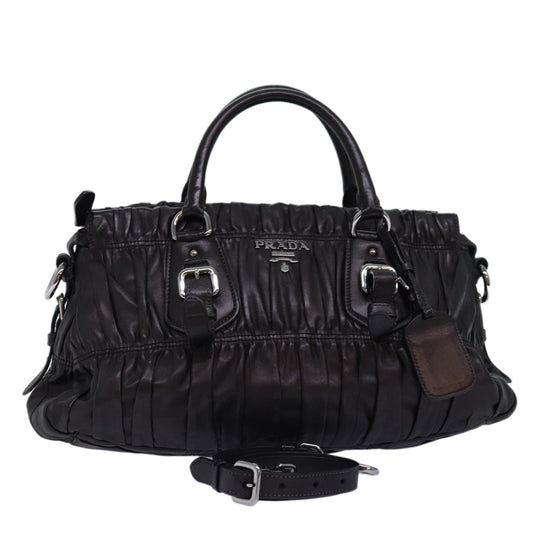 PRADA Gathered Hand Bag Leather 2way Black BN1407  yk12897