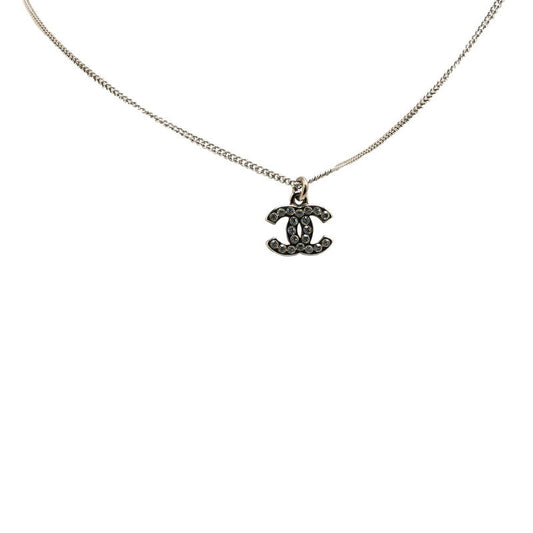 Chanel Coco Mark Rhinestone Necklace Silver Metal