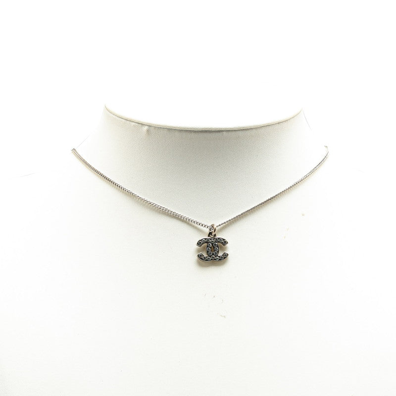 Chanel Coco Mark Rhinestone Necklace Silver Metal