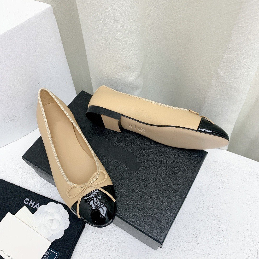 CHANEL ballet flats beige lambskin black patent calfskin