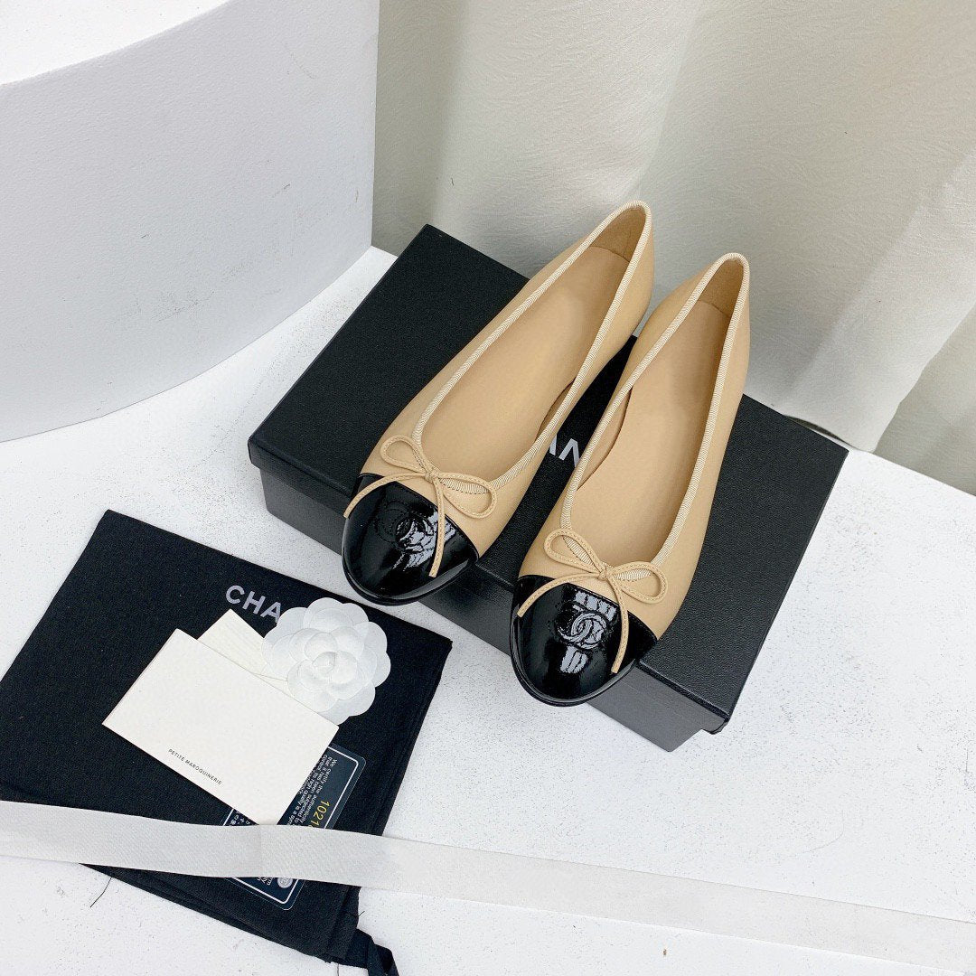 CHANEL ballet flats beige lambskin black patent calfskin
