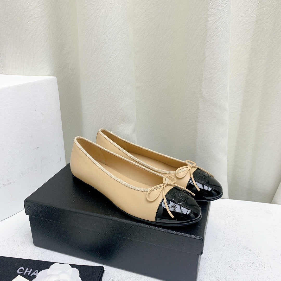 CHANEL ballet flats beige lambskin black patent calfskin
