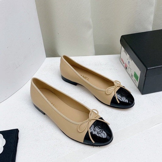 CHANEL ballet flats beige lambskin black patent calfskin